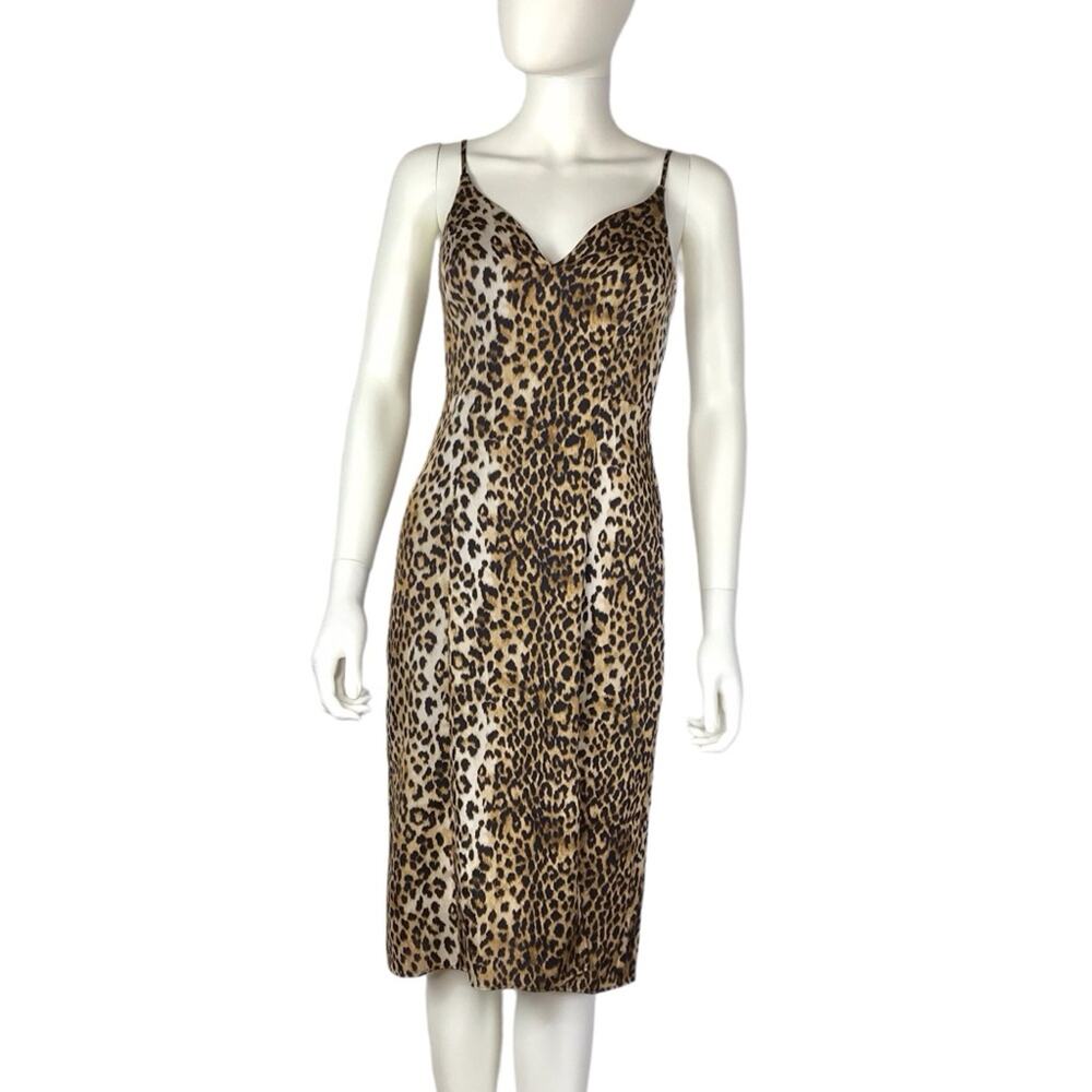 Express Leopard Animal Print Slip Midi Brow & Black V-neck Print Dress